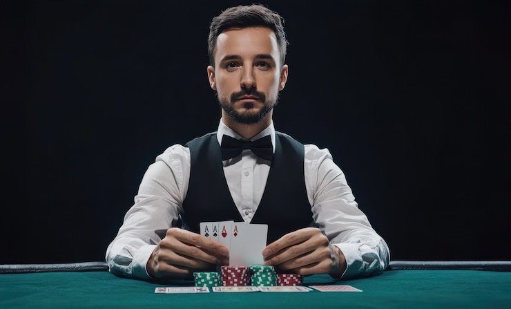 Dealer Sic Bo di asiatogel88 melempar tiga dadu dari cangkir khusus untuk penentuan hasil